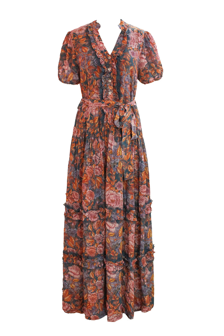 Short Sleeve Drop Waist Maxi Dress in Turquoise Flower
