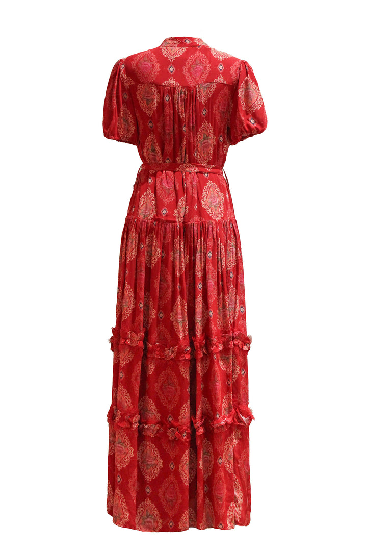 Short Sleeve Drop Waist Maxi Dress in Crimson Crest
