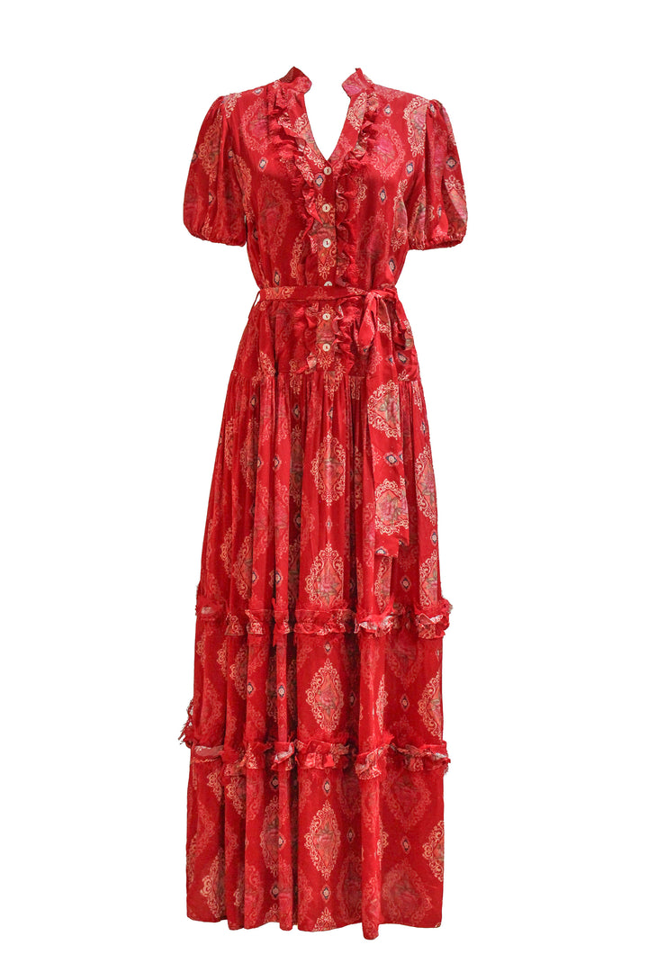 Short Sleeve Drop Waist Maxi Dress in Crimson Crest
