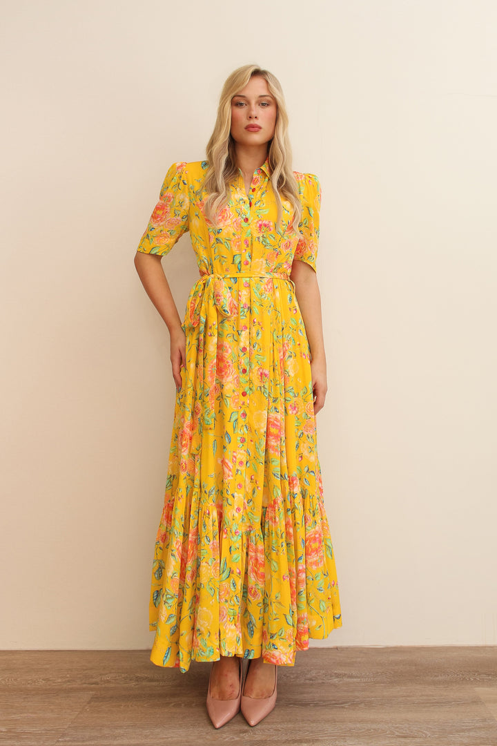 Short Sleeve Trench Maxi Dress in Citrus Bloom