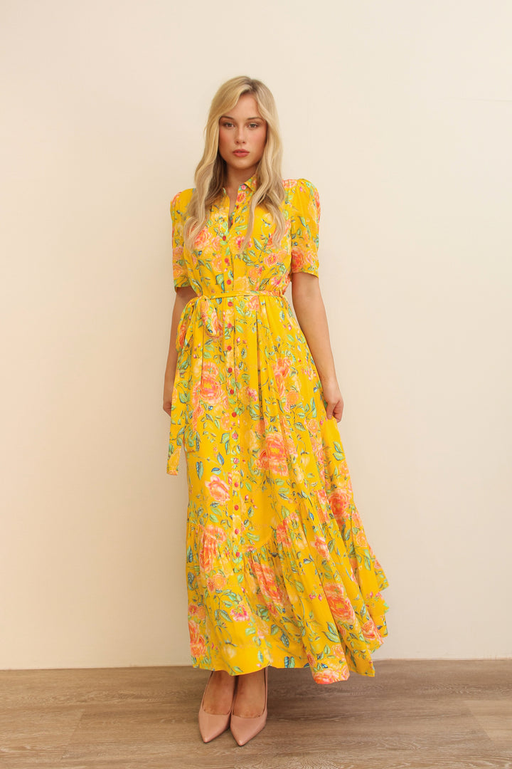 Short Sleeve Trench Maxi Dress in Citrus Bloom