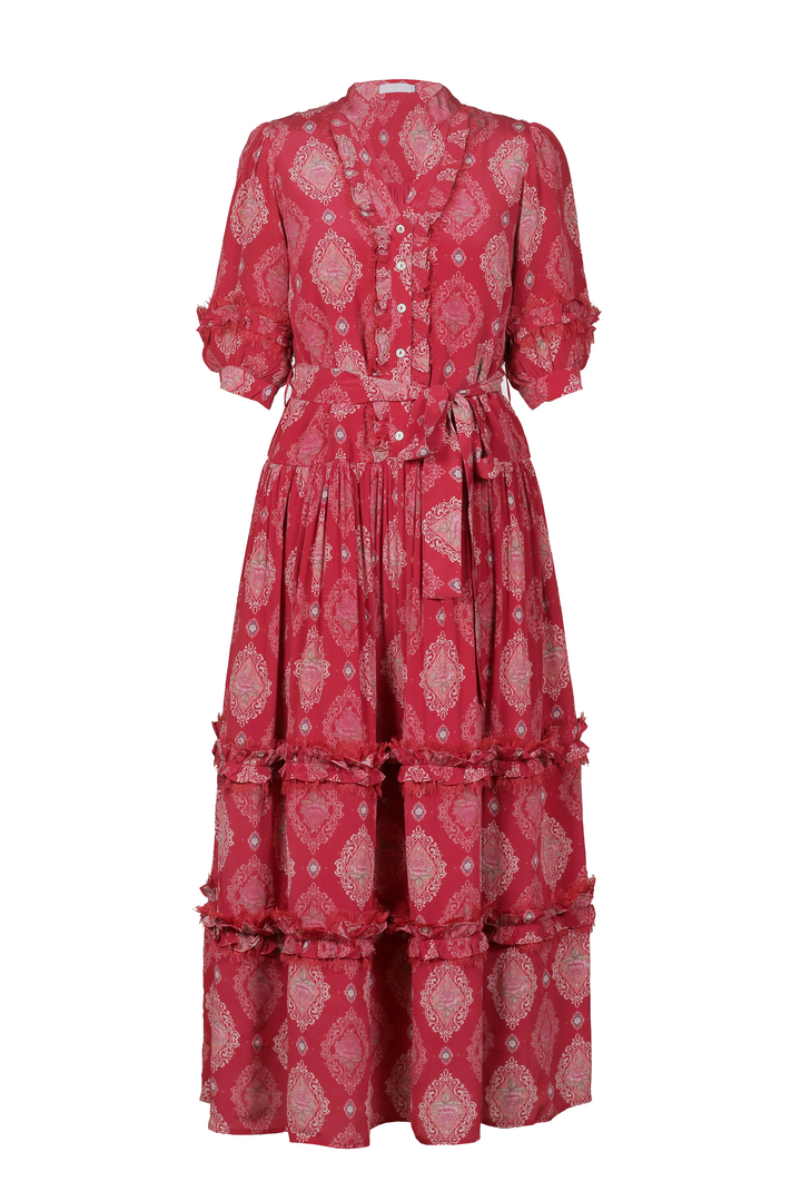 Short Sleeve Drop Waist Maxi Dress in Crimson Crest
