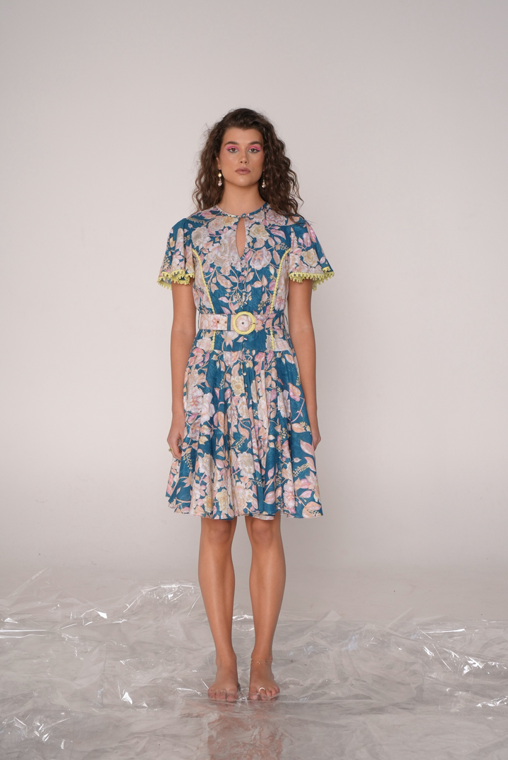 Short Sleeve Keyhole Mini Dress in Crystal Bouquet