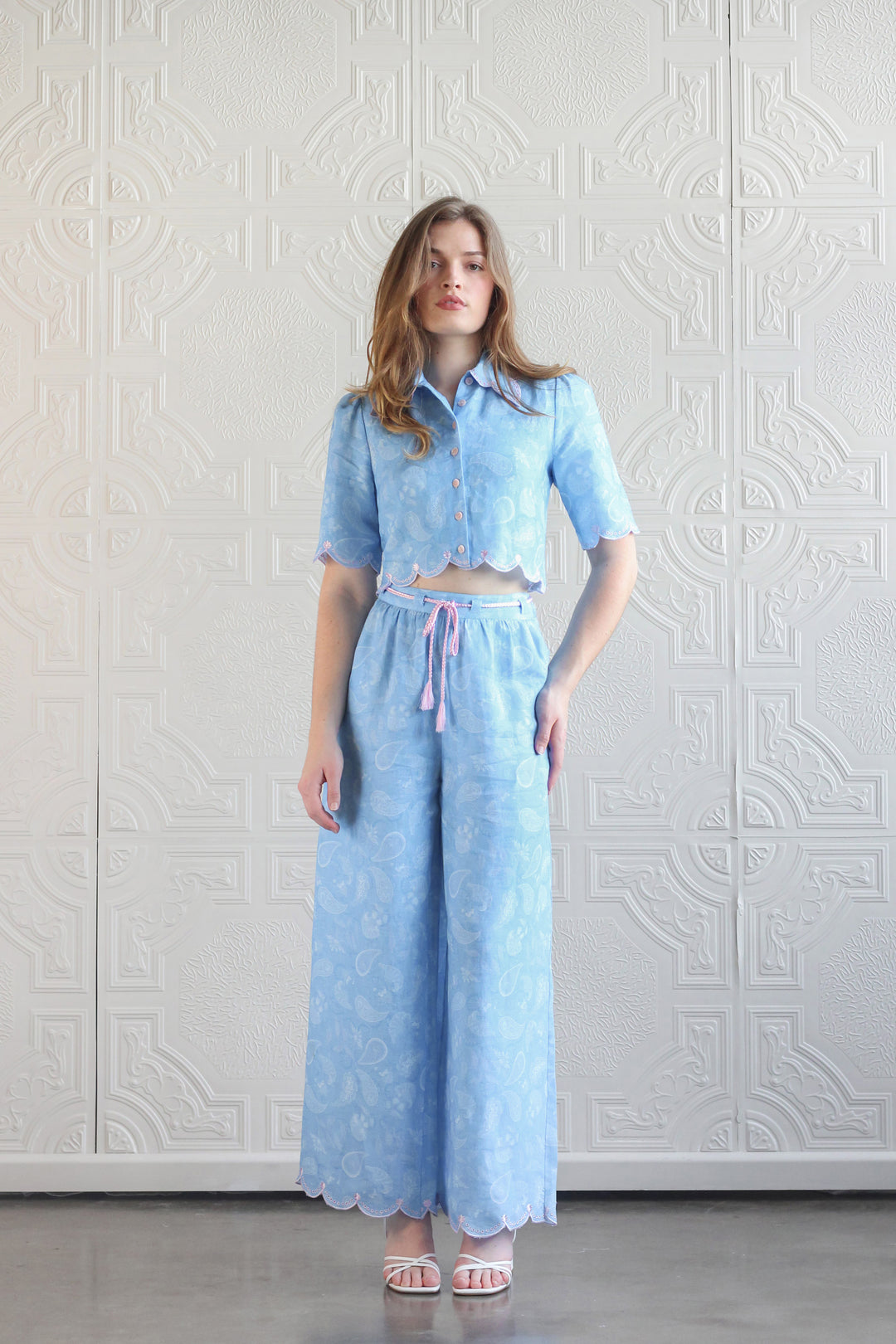 Embroidered Crop Shirt in Sky Paisley