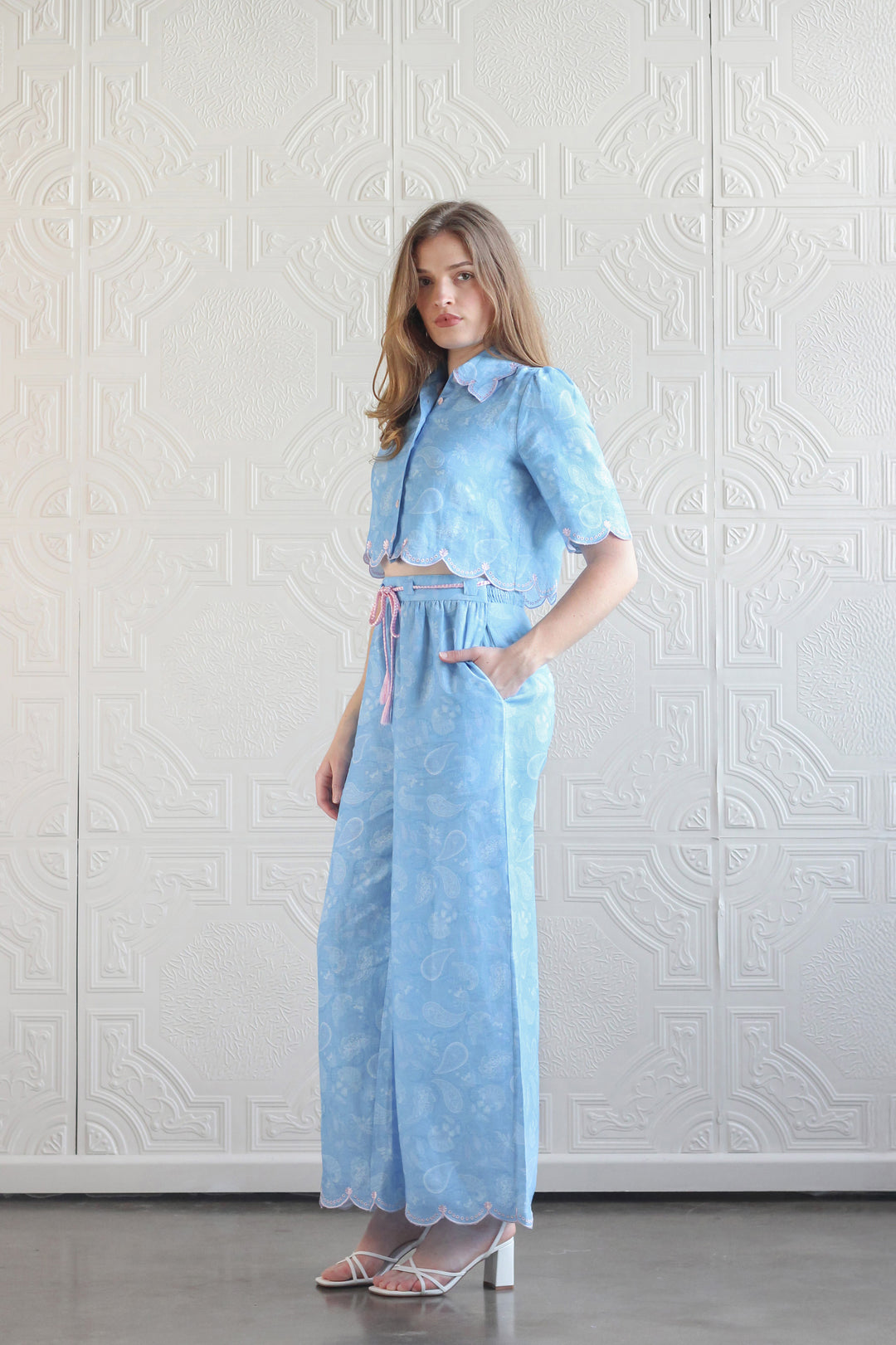 Embroidered Crop Shirt in Sky Paisley