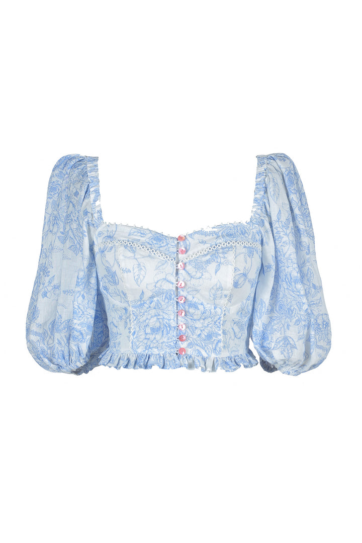 Sweetheart Crop Blouse in Blue Toile