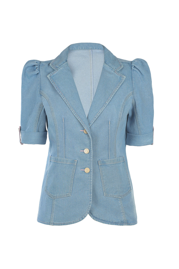 Short Sleeve Tailored Blazer in Light Wash