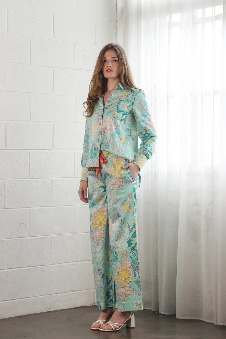 Elasticated High Waist Pant in Rose Azure