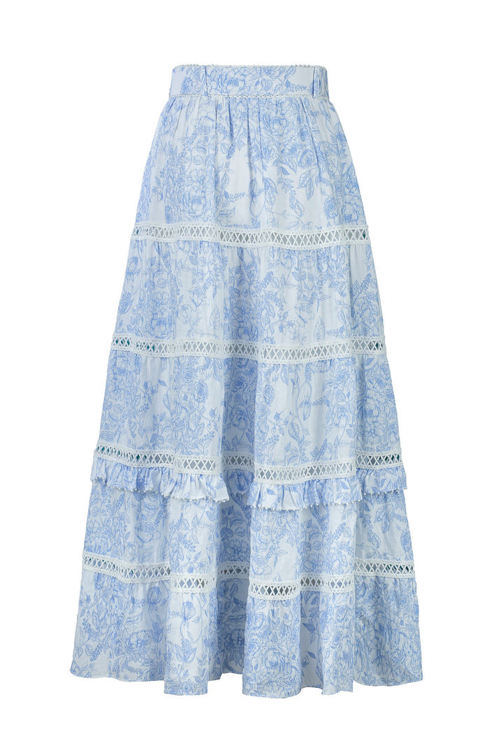 Tiered Maxi Skirt in Blue Toile