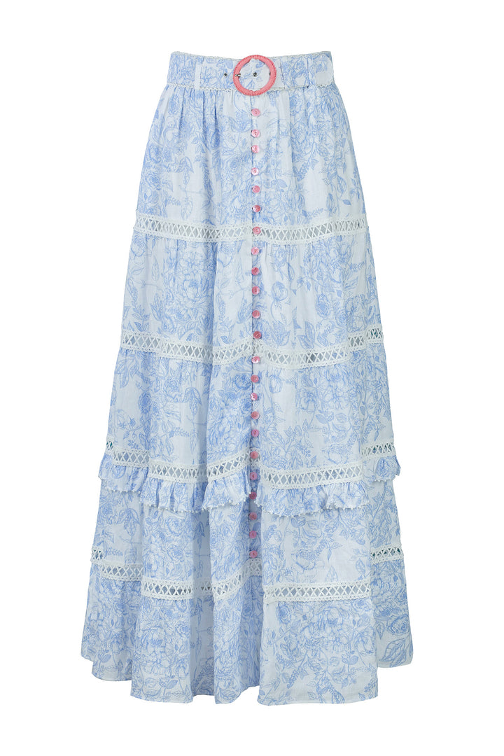 Tiered Maxi Skirt in Blue Toile