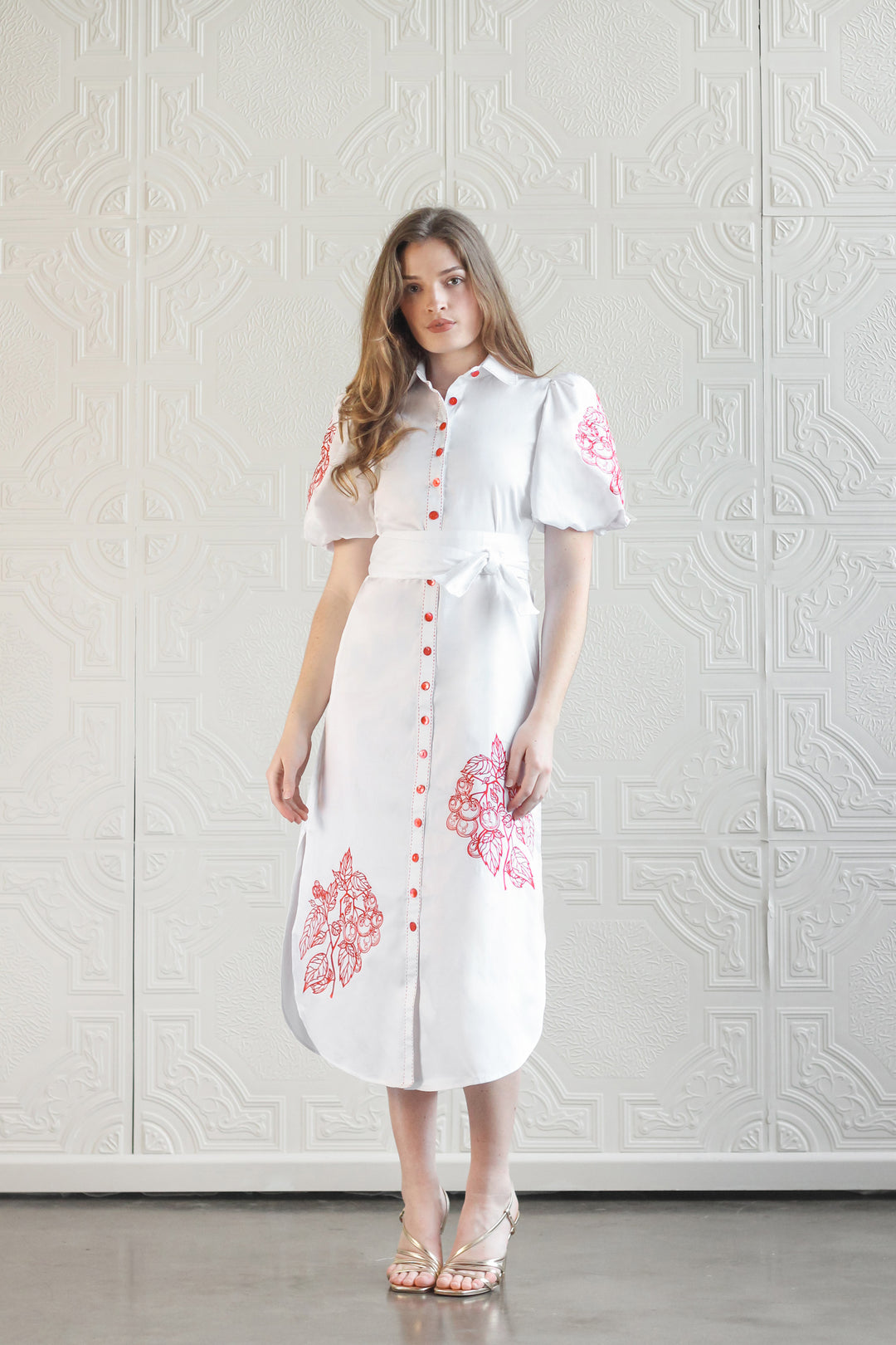 Puff Sleeve Shirt Dress in Tomato Anatomical