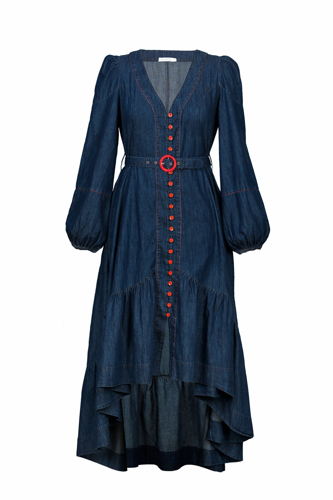 Waterfall Maxi Dress in Mid Wash Denim | Lulu Zagame Waterfall Maxi Dress in Mid Wash Denim | Lulu Zagame