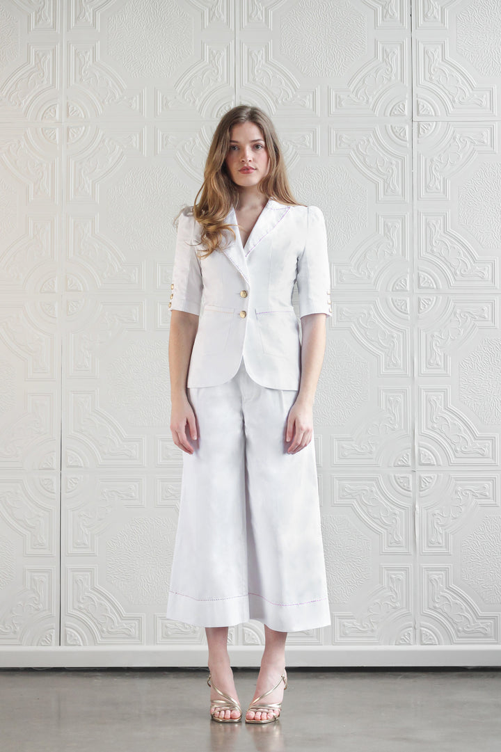 Short Sleeve Tailored Blazer in White and Gold