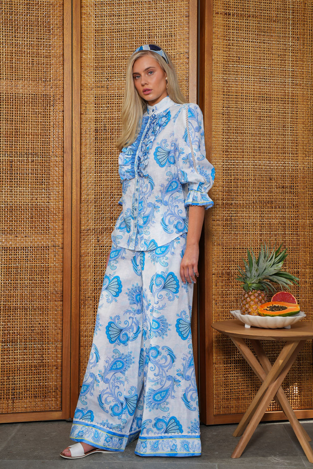 Wide Leg Palazzo Pant in Sky Florentine